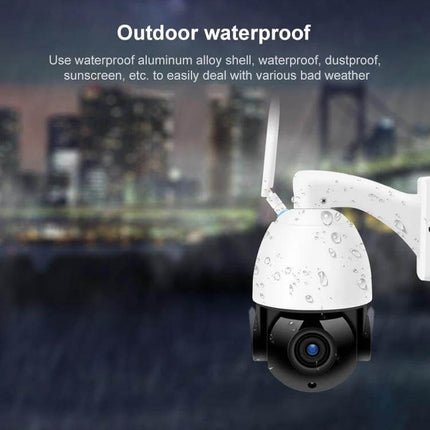 Wireless WiFi Dome Camera for Home Security Monitoring outdoor waterproof dome camera mounted with rain droplets and city background