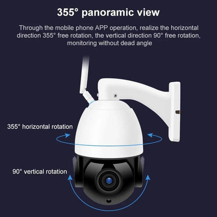 Wireless WiFi Dome Camera for Home Security Monitoring showing 355° panoramic view with 355° horizontal and 90° vertical rotation