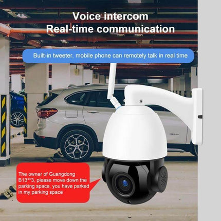 Wireless WiFi Dome Camera for Home Security Monitoring showing voice intercom in parking garage with motion alerts