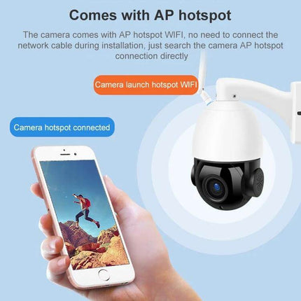 Wireless WiFi Dome Camera for Home Security Monitoring showing AP hotspot setup with phone live feed and motion alerts