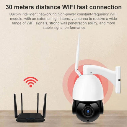 Wireless WiFi Dome Camera for Home Security Monitoring showing dome camera with antenna and router illustrating 30 meters WiFi range and motion alerts