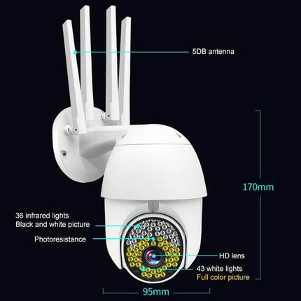 QX38 Outdoor Surveillance Camera for Home Monitoring — white wireless 1080P HD dome with antennas, IR and full-color lights, wall mount (95×170mm)
