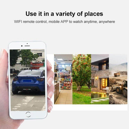 QX38 Outdoor Surveillance Camera for Home Monitoring showing mobile app view of various locations including parking, store, yard and home (wireless 1080P)