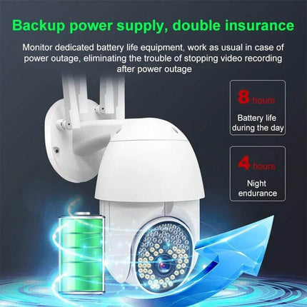 QX38 Outdoor Surveillance Camera for Home Monitoring showing backup battery feature with 8h day and 4h night endurance