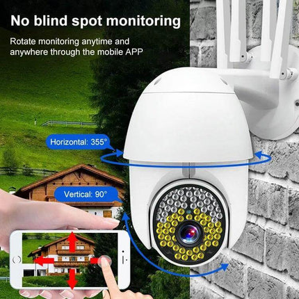 QX38 Outdoor Surveillance Camera for Home Monitoring mounted on wall showing 355° horizontal and 90° vertical rotation with mobile app control