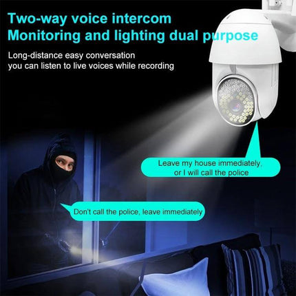 QX38 Outdoor Surveillance Camera for Home Monitoring showing two-way voice intercom, night view of camera watching a potential intruder