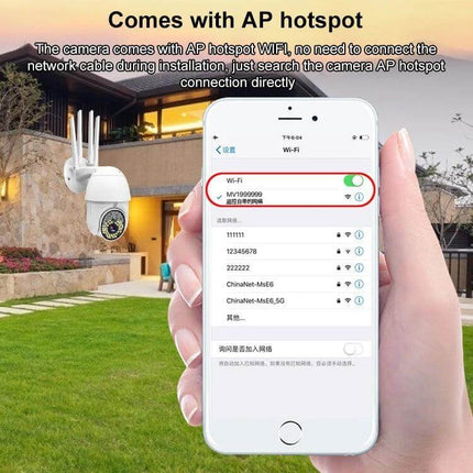 QX38 Outdoor Surveillance Camera for Home Monitoring showing mobile app Wi‑Fi AP hotspot setup with camera in backyard