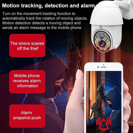 QX38 Outdoor Surveillance Camera for Home Monitoring showing 1080P mobile app alert and motion detection scaring off a thief