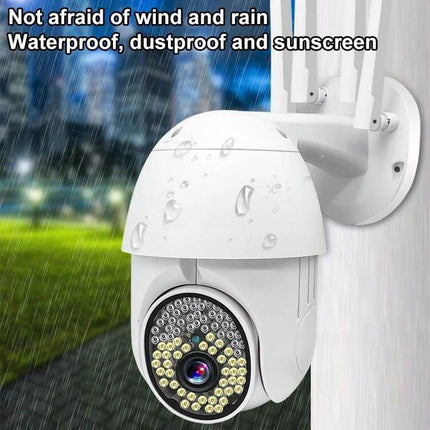 QX38 Outdoor Surveillance Camera for Home Monitoring showing waterproof outdoor mount with rain droplets and night vision LEDs