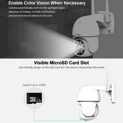 Sricam Outdoor PTZ Camera for Home Security with Night Vision showing spotlight color vision and visible microSD card slot, wall-mounted 1080P outdoor PTZ camera