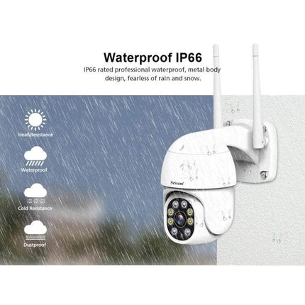 Sricam Outdoor PTZ Camera for Home Security with Night Vision mounted outdoors showing IP66 waterproof rating and night vision LEDs