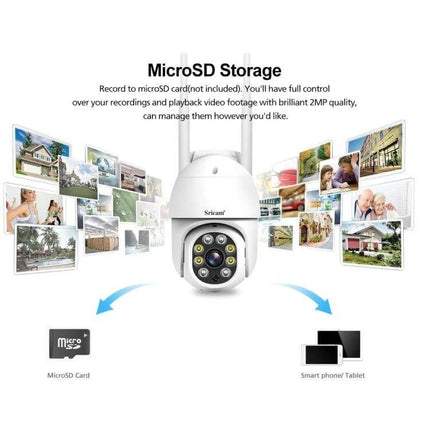 Sricam Outdoor PTZ Camera for Home Security with Night Vision showing microSD storage, live mobile viewing and sample recorded images