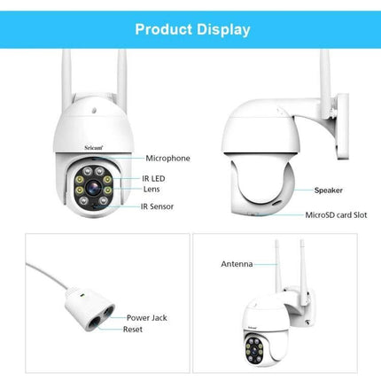 Sricam Outdoor PTZ Camera for Home Security with Night Vision showing 1080P dome, IR LEDs, microphone, speaker, antenna and microSD slot