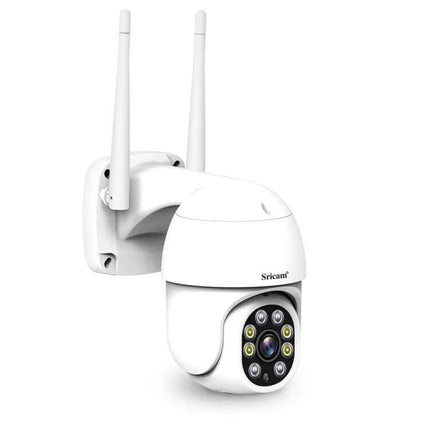 Sricam Outdoor PTZ Camera for Home Security with Night Vision — white outdoor 1080P PTZ camera with dual antennas and IR LEDs