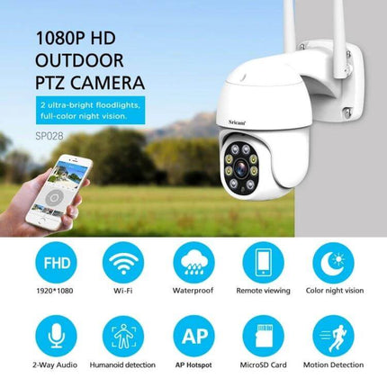 Sricam Outdoor PTZ Camera for Home Security with Night Vision - SP028 1080P HD outdoor PTZ camera with night vision, motion alerts, Wi‑Fi and remote viewing
