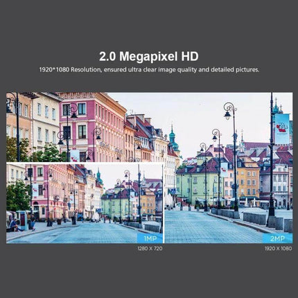 Sricam Outdoor PTZ Camera for Home Security with Night Vision showing 2.0MP vs 1MP image quality comparison and 1080P clarity