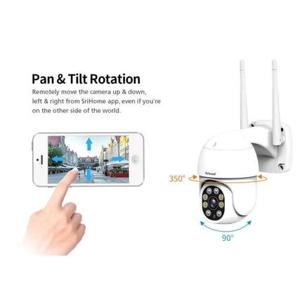 Sricam Outdoor PTZ Camera for Home Security with Night Vision showing pan & tilt control via mobile app, 1080P HD night vision, 350° pan and 90° tilt