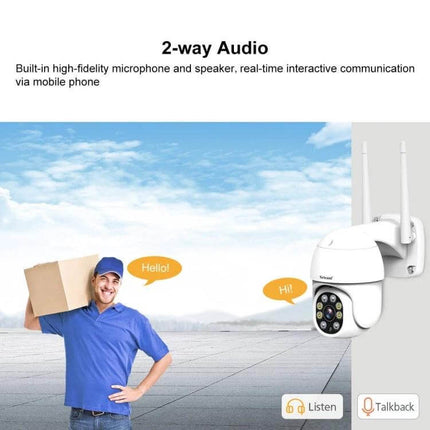 Sricam Outdoor PTZ Camera for Home Security with Night Vision showing 2-way audio demo with delivery person and live mobile alerts