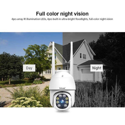 Sricam Outdoor PTZ Camera for Home Security with Night Vision showing day vs night full-color night vision demo