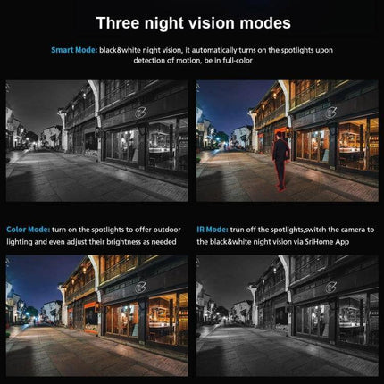 Sricam Outdoor PTZ Camera for Home Security with Night Vision demonstrating three night vision modes (Smart, Color, IR) on an outdoor street scene
