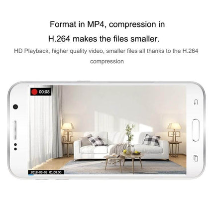 CAMSOY C9 Wearable WiFi Surveillance Camera for Daily Monitoring showing mobile app playback of a living room video with H.264 MP4 compression info