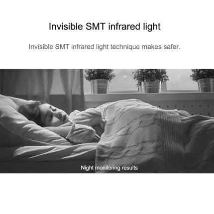 CAMSOY C9 Wearable WiFi Surveillance Camera for Daily Monitoring showing night monitoring with invisible SMT infrared light capturing a sleeping person