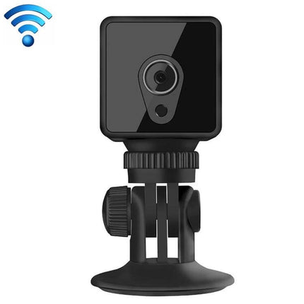 CAMSOY S1 Wireless WiFi Surveillance Camera for Home Monitoring compact black indoor camera on adjustable stand with WiFi icon and motion alert