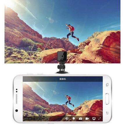 CAMSOY S1 Wireless WiFi Surveillance Camera for Home Monitoring compact wireless camera showing smartphone live view of outdoor action scene