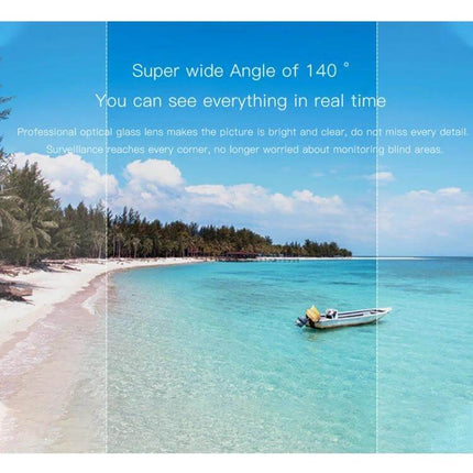 CAMSOY S1 Wireless WiFi Surveillance Camera for Home Monitoring showing 140° super wide angle view capturing beach and boat in clear real-time image