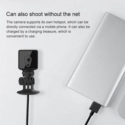 CAMSOY S1 Wireless WiFi Surveillance Camera for Home Monitoring showing compact camera with hotspot and USB power bank connection