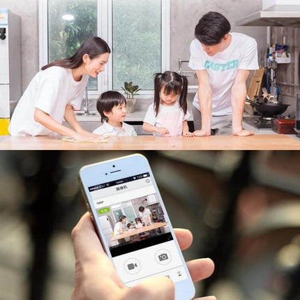 CAMSOY S1 Wireless WiFi Surveillance Camera for Home Monitoring showing family at kitchen table with live feed on smartphone app