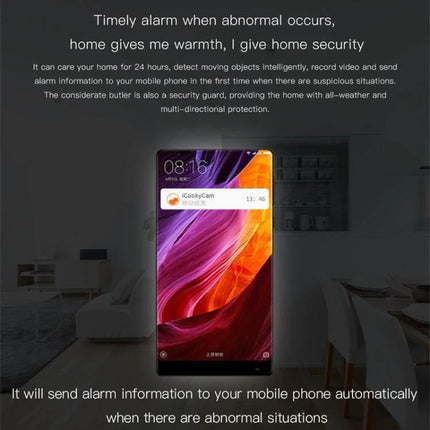 CAMSOY S1 Wireless WiFi Surveillance Camera for Home Monitoring showing mobile alert notification for motion detection in living room
