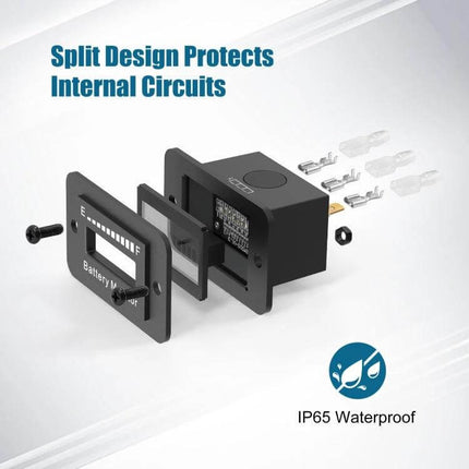 BM210 LED Battery Indicator For Electric Vehicles And Golf Carts 12-72V showing split design exploded view, 10-segment LED display, IP65 waterproof