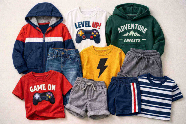 Assorted boys’ casual outfits including hoodies, graphic tees with gaming and adventure prints, shorts and jeans laid out flat