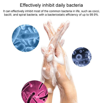 Automatic Foam Soap Dispenser for Home Hand Washing showing soapy hands and bacteria icons illustrating 99.9% inhibition of common daily bacteria