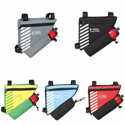 BSoul Bicycle Triangle Bag Front Tube Frame Water Bottle Pouch showing five color options mounted on bike triangle with water bottle