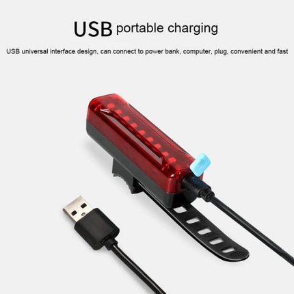 BX3 USB Charging Bicycle Front Handlebar Light for Night Riding showing red USB-rechargeable rear light with silicone mount and USB cable