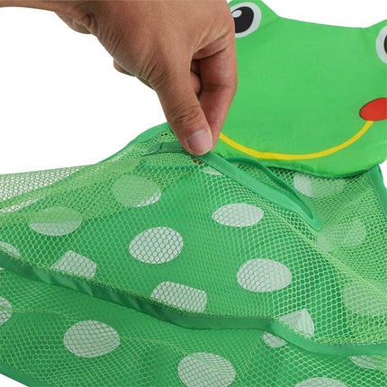 Baby Bath Toy Storage Mesh Bag With Strong Suction Cups hanging green frog mesh organizer showing suction cup and breathable mesh