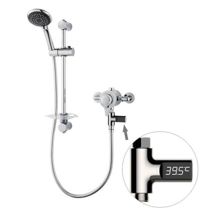 Baby Bath Water Thermometer Rotatable 360 Degree For Gentle Bath Time digital LED display mounted on shower fitting shows 39.5°C for safe newborn baths