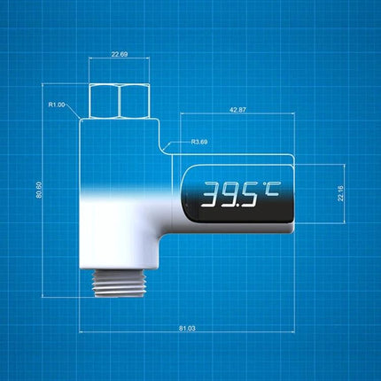 Baby Bath Water Thermometer Rotatable 360 Degree For Gentle Bath Time digital LED display showing 39.5°C on blueprint schematic