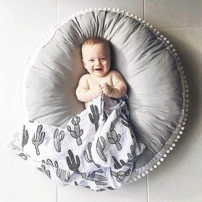 Baby Bean Bag Chair Portable Foldable For Feeding And Naps - gray cotton baby bean bag chair with pompom trim and smiling baby, foldable portable seat for naps and feeding