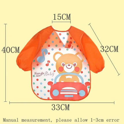 Baby Bibs Waterproof Long Sleeve Apron One Size Everyday Use - orange bear car design with measurements (40cm length, 33cm width, 15cm neck)