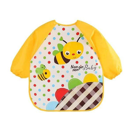 Baby Bibs Waterproof Long Sleeve Apron One Size Everyday Use - yellow bee print PEVA long-sleeve bib for 1-3 year olds, waterproof meal and art protector