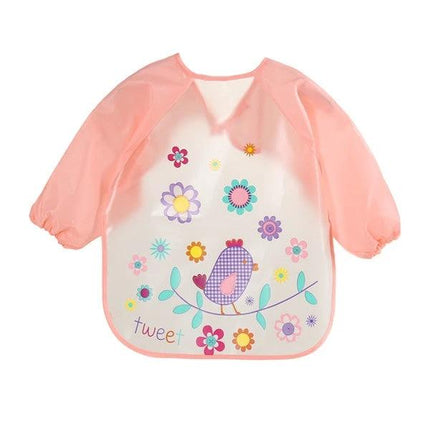 Baby Bibs Waterproof Long Sleeve Apron One Size Everyday Use - pink floral bird PEVA bib with sleeves for messy meals and art