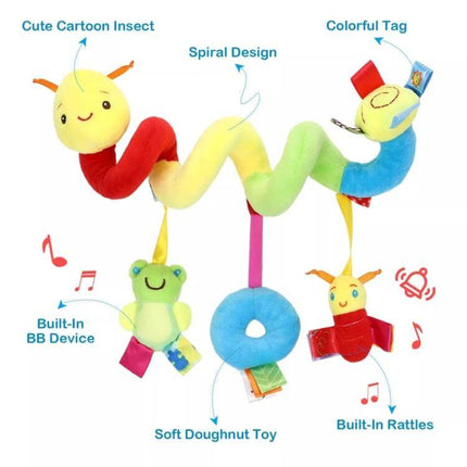 Baby Caterpillar Cot Spiral Toy For Pram Hanging Rattle plush colorful spiral pram/stroller toy with dangling frog doughnut and rattle attachments