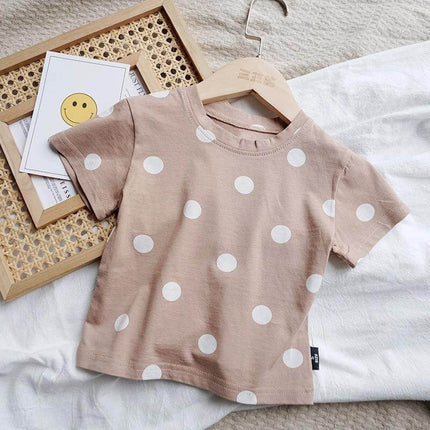 Baby Cotton Dot T Shirt Beige Short Sleeve For Everyday Wear - 100% cotton beige baby tee with white polka dots on hanger, short sleeve casual top