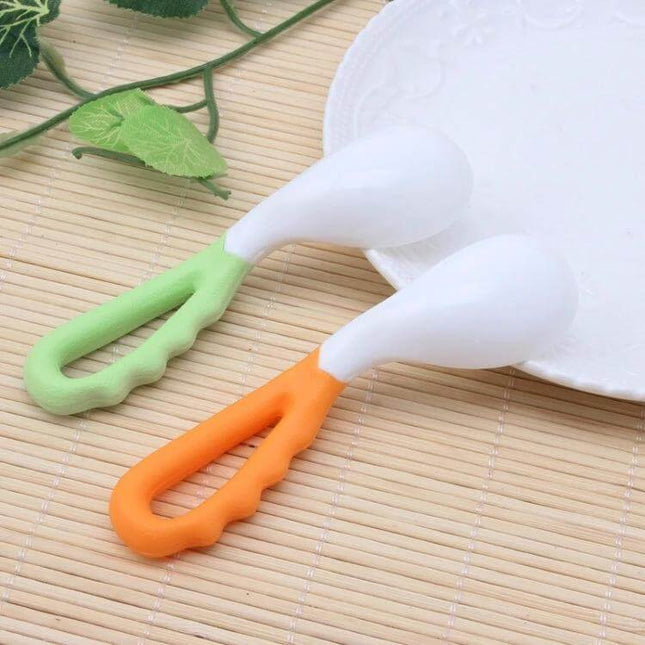 Baby Curved Feeding Spoon Set 2 Pack For Easy Feeding - two PP curved spoons with green and orange handles for neat baby feeding