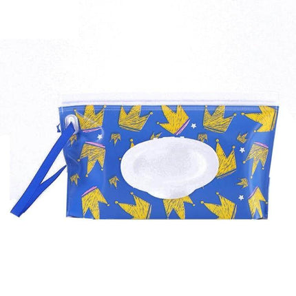 Baby EVA Wet Wipes Bag Portable For Travel Diaper Bag blue crown print EVA pouch with handle, slim waterproof travel wipes holder