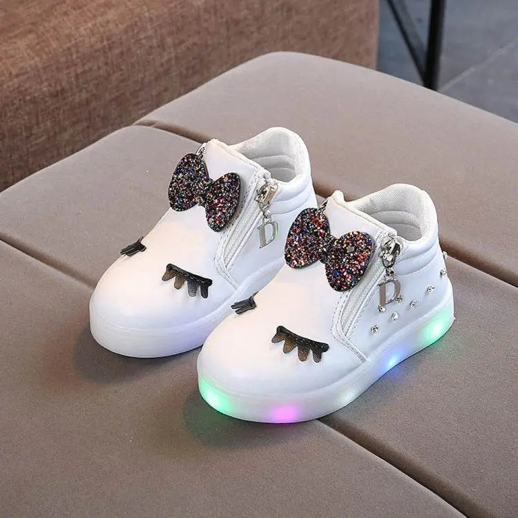 Baby Eyelash Crystal Bowknot LED Luminous Sneakers for Girls