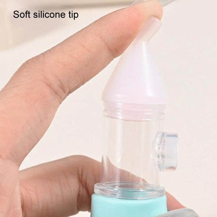 Baby Nasal Aspirator for Clear Breathing, Soft Silicone Tip showing soft silicone tip and one-way valve on clear chamber for gentle baby suction